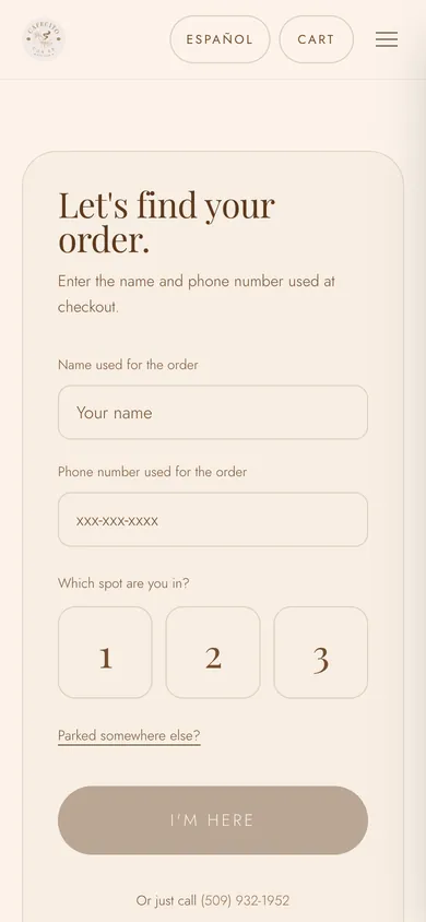 Curbside page asking for the order name, phone and parking spot, with an I'm here button