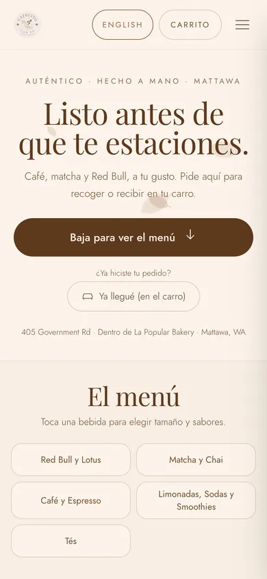 Cafecito Con Fe home page in Spanish on a phone, headline Listo antes de que te estaciones