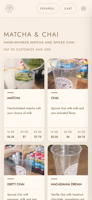 Matcha and chai menu cards with drink photos and prices for each size
