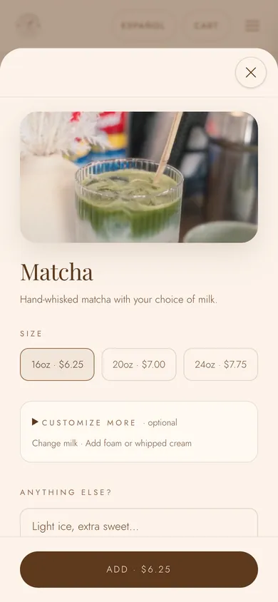 Matcha order sheet with size choices, customize options and an add to cart button