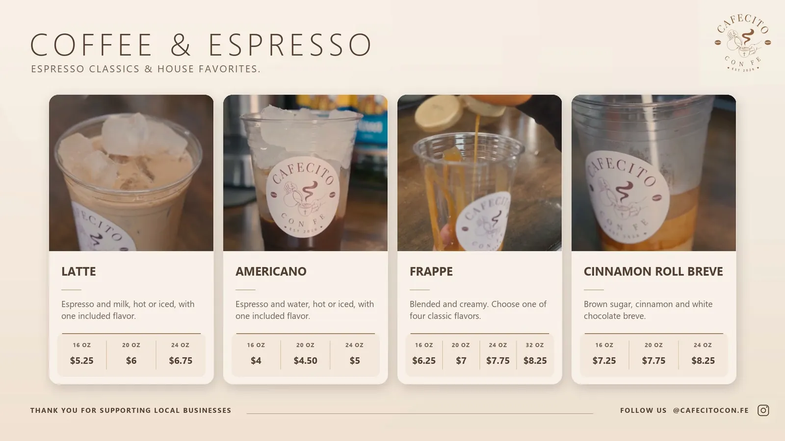 Cafecito Con Fe TV menu, Coffee and Espresso screen with latte, americano, frappe and cinnamon roll breve prices