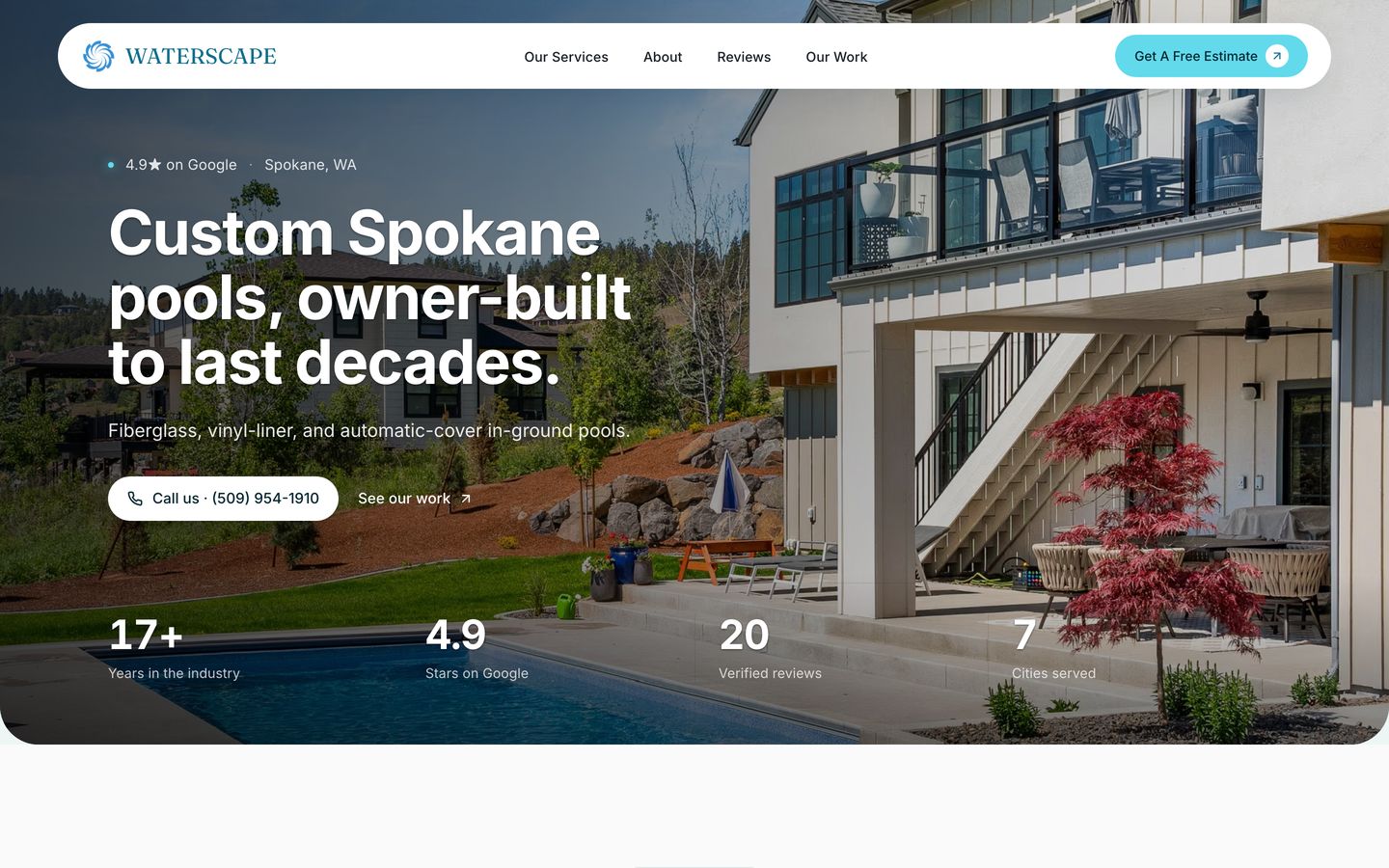 Waterscape Spokane pool builder website built by Fade